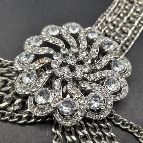 Formal Rhinestone Floral Pendant Necklace, Layered Silver Tone Chain, 16 Inches - Picture 9 of 9